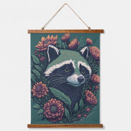Vintage Raccoon with Flowers on Green Hanging Tapestry