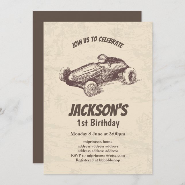 vintage, race car birthday invitation (Front/Back)