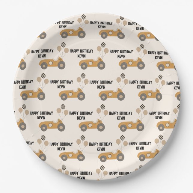 Vintage Race Car Birthday Party Custom Paper Plates (Front)