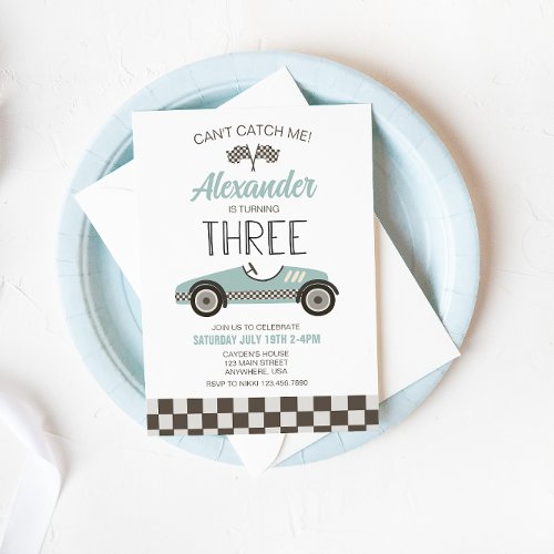 Vintage Race Car blue Third Birthday Invitation