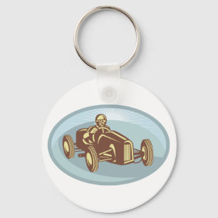Vintage Race Car Driver Classic Motorsport Art Keychain