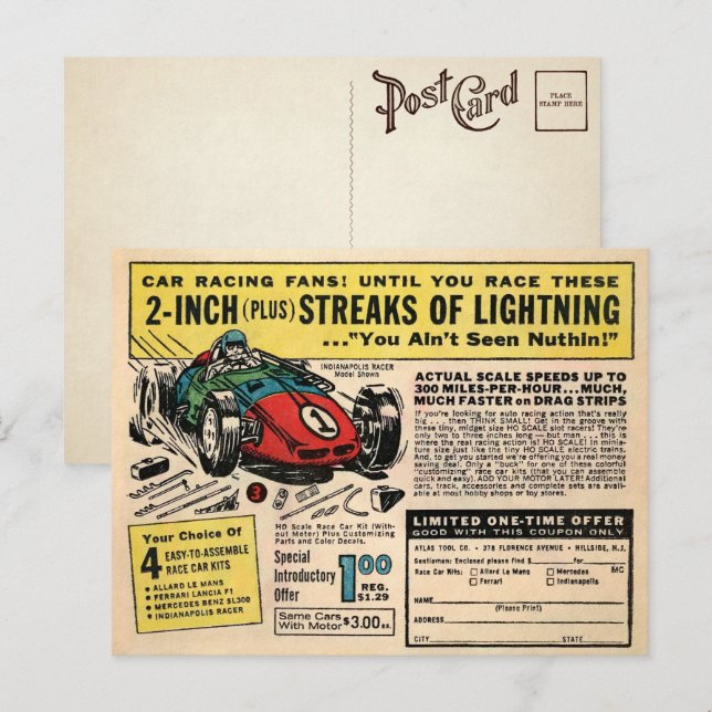Vintage Race Car Mail Order Postcard (Front/Back)