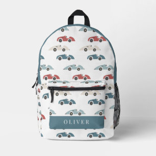 Vintage Race Car Pattern Boy White Printed Backpack
