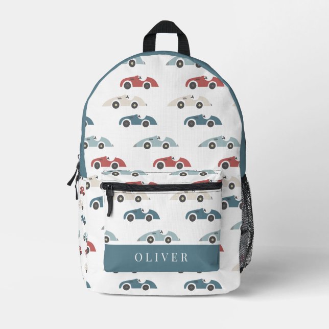 Vintage Race Car Pattern Boy White Printed Backpack (Front)