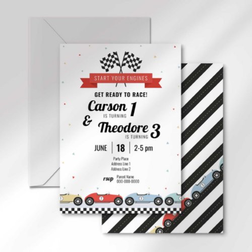 Vintage Race Car Sibling Birthday Invitation