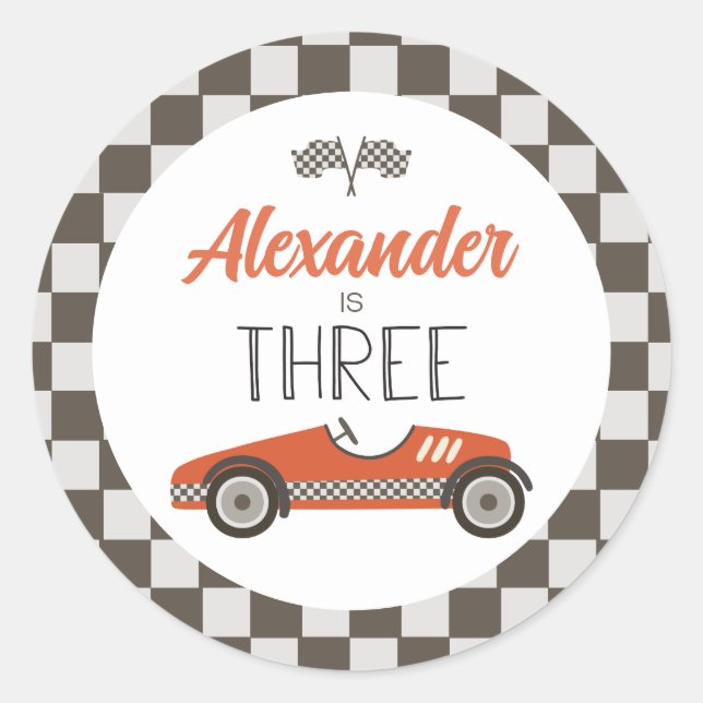 Vintage Race Car Three Birthday Classic Round Sticker (Front)