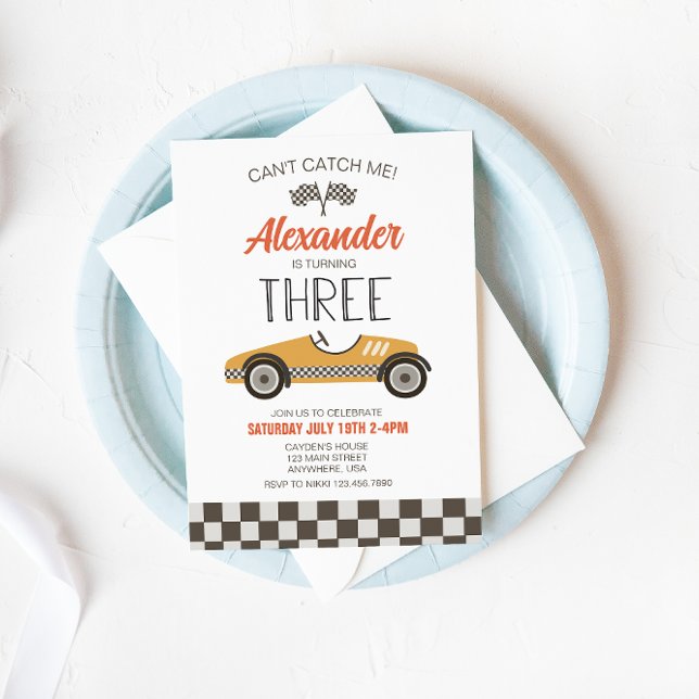 Vintage Race Car Yellow Third Birthday Invitation (Creator Uploaded)