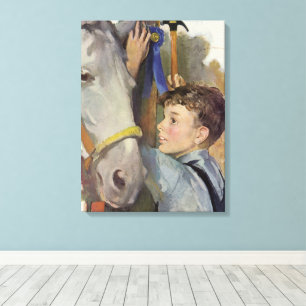 Vintage Race Horse, Blue Ribbon Winner with a Boy Canvas Print