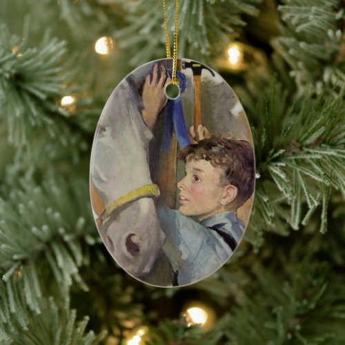 Vintage Race Horse, Blue Ribbon Winner with a Boy Ceramic Ornament