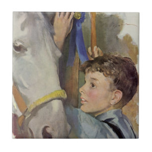 Vintage Race Horse, Blue Ribbon Winner with a Boy Ceramic Tile