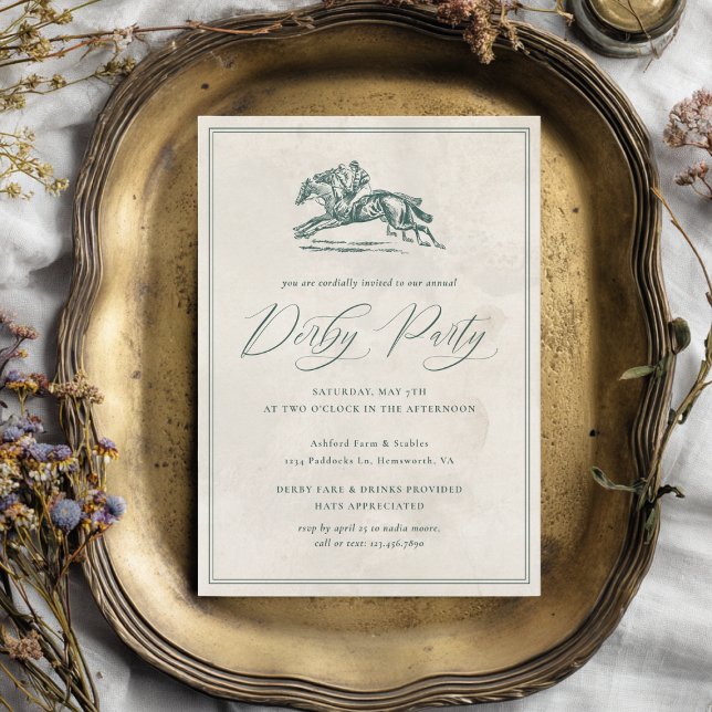 Vintage Race Horses Elegant Green Derby Party Invitation (Elegant derby party invitation with a vintage race horses illustration and calligraphy)