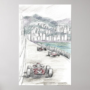 Vintage Racecar Coastal City Building Marina Poster