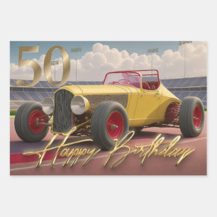 Vintage Racing car Happy 50th Wrapping Paper Sheets