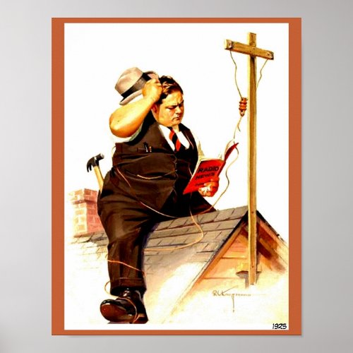 Vintage Radio 1920s Funny Man on Roof w Antenna Poster