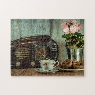 Vintage Radio Teacup Chocolate Donuts Still Life Jigsaw Puzzle