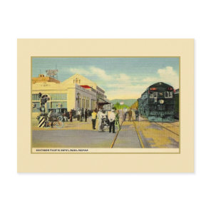 Vintage railroad depot and train Reno Nevada Postcard