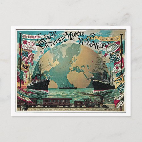 Vintage railway and sea travel world map ad postcard