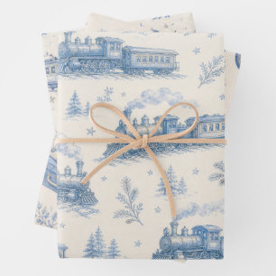 Vintage Railway Blue Steam Train Keepsakes Wrapping Paper Sheets