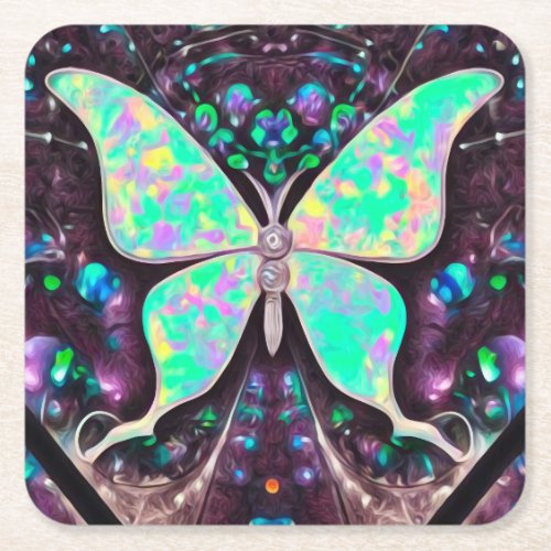 Vintage Rainbow Opal Butterfly 2 Square Paper Coaster