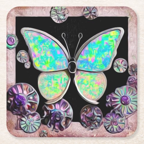 Vintage Rainbow Opal Butterfly 3 Square Paper Coaster