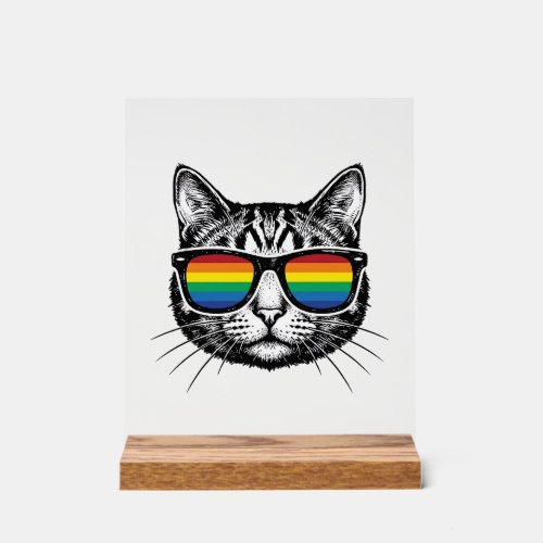 Vintage Rainbow Sunglasses Cat Pride Shirt Design_ Acrylic Sign