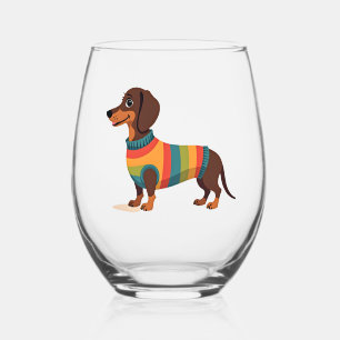 Vintage Rainbow Sweater Dachshund Cute Long Dog Il Stemless Wine Glass