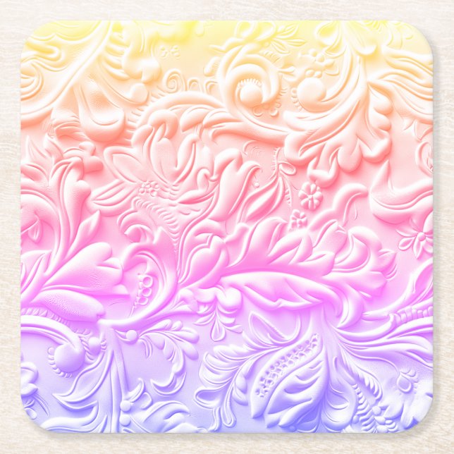 Vintage rainbow tooled leather square paper coaster (Front)