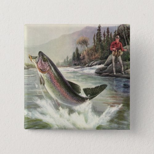Vintage Rainbow Trout Fisherman Fishing for Fish Button