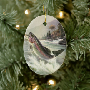 Vintage Rainbow Trout Fisherman Fishing for Fish Ceramic Ornament