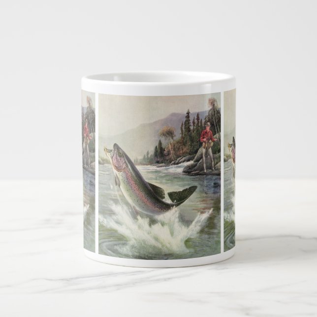 Vintage Rainbow Trout Fisherman Fishing for Fish Giant Coffee Mug (Front)