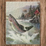 Vintage Rainbow Trout Fisherman Fishing for Fish Jigsaw Puzzle<br><div class="desc">Vintage illustration sports design featuring a fisherman fishing in a river. A rainbow trout is splashing and jumping out of the water.</div>