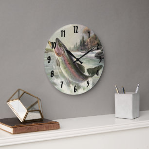 Vintage Rainbow Trout Fisherman Fishing for Fish Large Clock