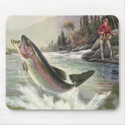 Vintage Rainbow Trout Fisherman Fishing for Fish Mouse Pad