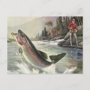 Vintage Rainbow Trout Fisherman Fishing for Fish Postcard