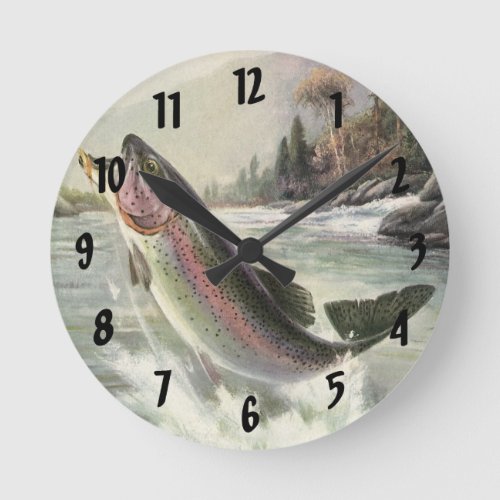 Vintage Rainbow Trout Fisherman Fishing for Fish Round Clock