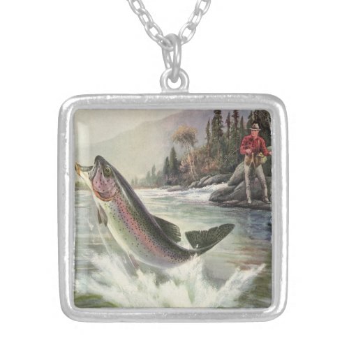 Vintage Rainbow Trout Fisherman Fishing for Fish Silver Plated Necklace