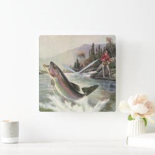 Vintage Rainbow Trout Fisherman Fishing for Fish Square Wall Clock