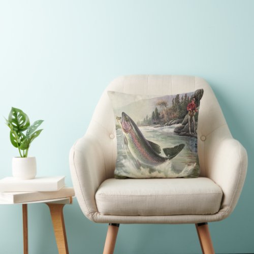 Vintage Rainbow Trout Fisherman Fishing for Fish Throw Pillow