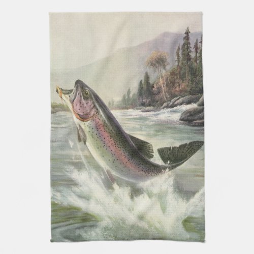 Vintage Rainbow Trout Fisherman Fishing for Fish Towel