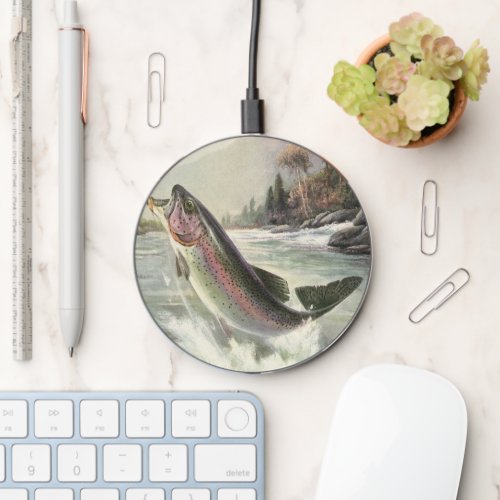 Vintage Rainbow Trout Fisherman Fishing for Fish Wireless Charger