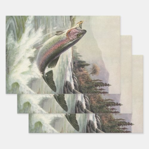 Vintage Rainbow Trout Fisherman Fishing for Fish Wrapping Paper Sheets
