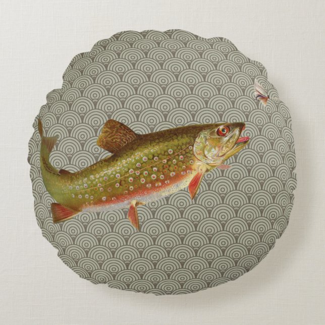 Vintage Rainbow Trout Fly Fishing Round Pillow (Front)