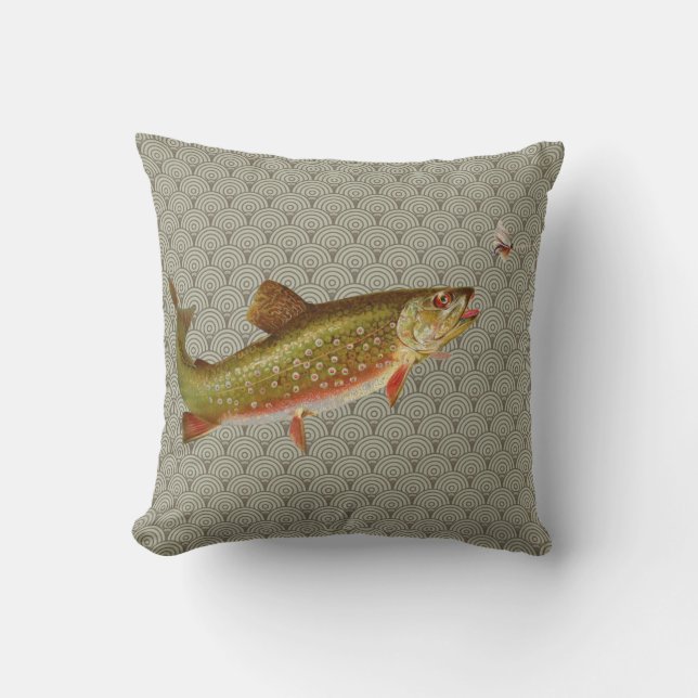 Vintage Rainbow Trout Fly Fishing Throw Pillow (Front)