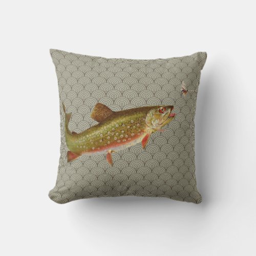 Vintage Rainbow Trout Fly Fishing Throw Pillow