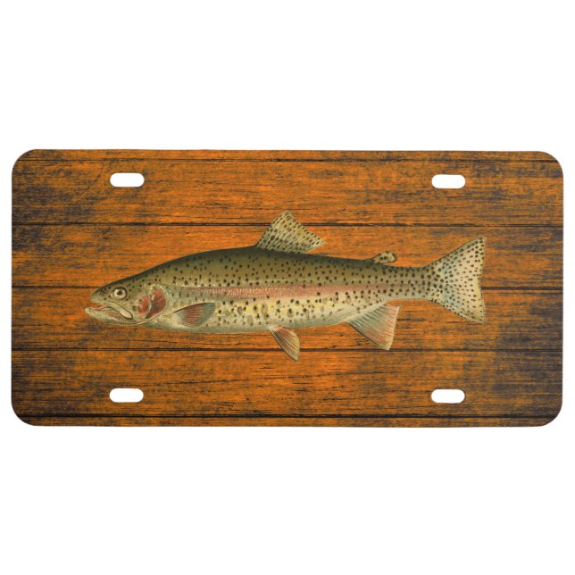 Vintage Rainbow Trout Wood Grain License Plate (Front)