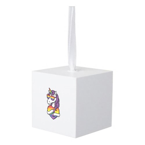 Vintage Rainbow Unicorn Heart Pride Shirt Design_1 Cube Ornament