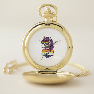 Vintage Rainbow Unicorn Heart Pride Shirt Design_1 Pocket Watch