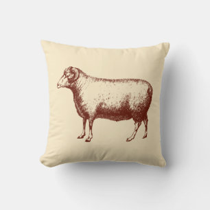 Vintage Ram Sheep Rustic Farm Beige Throw Pillow
