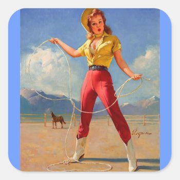 Vintage Ranch Western Pin Up Girl Square Sticker by Biblioartgifts at Zazzle