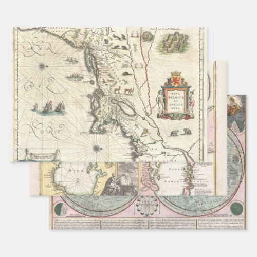 VINTAGE RARE MAP BELGICA CASPIAN MOON  WRAPPING PAPER SHEETS